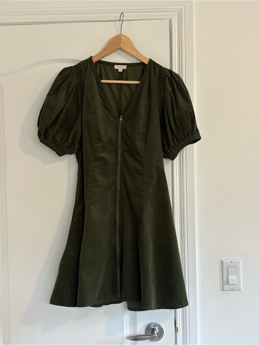 Pilcro by Anthropologie Calder Puff-Sleeve Corduroy Mini Dress in Olive Green